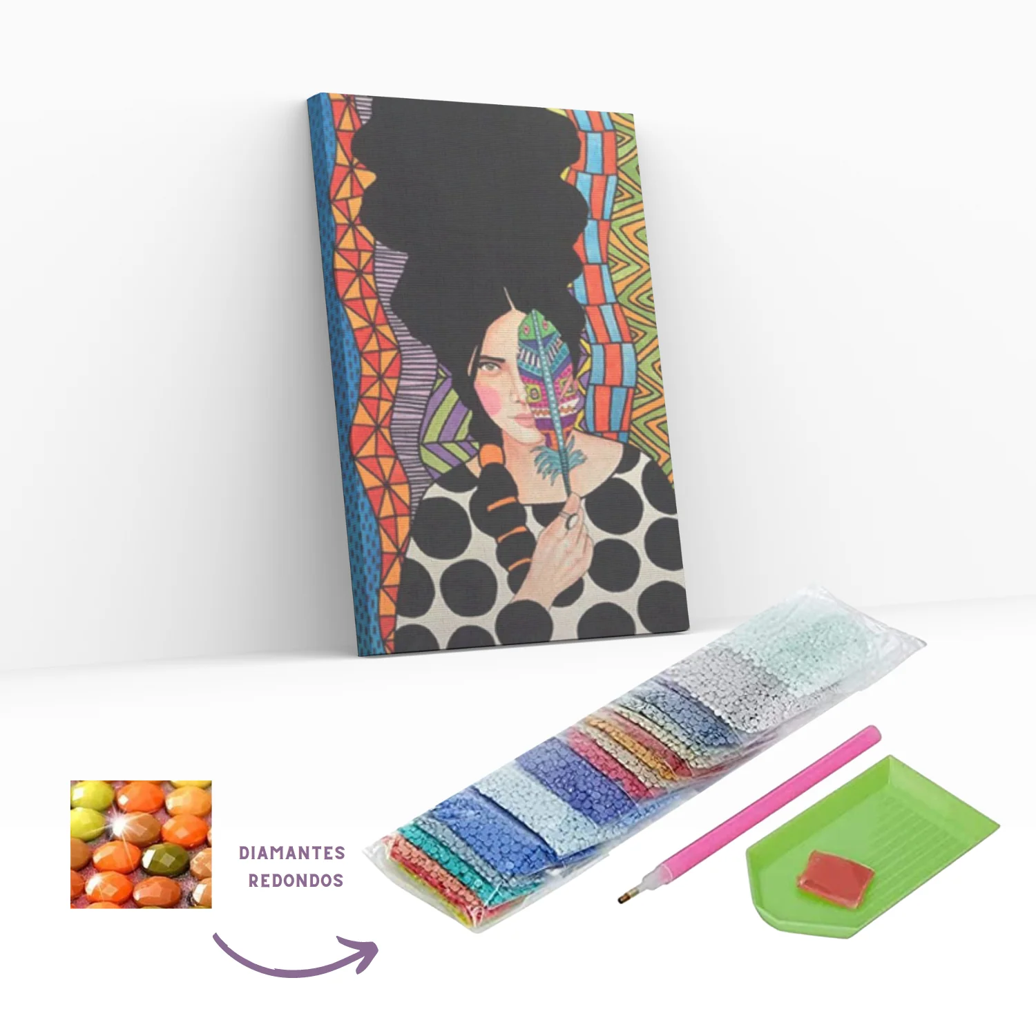 Diamond Painting en bastidor Mujer abstracta con pluma- Pintura Con Diamantes 25x35 - Image 3