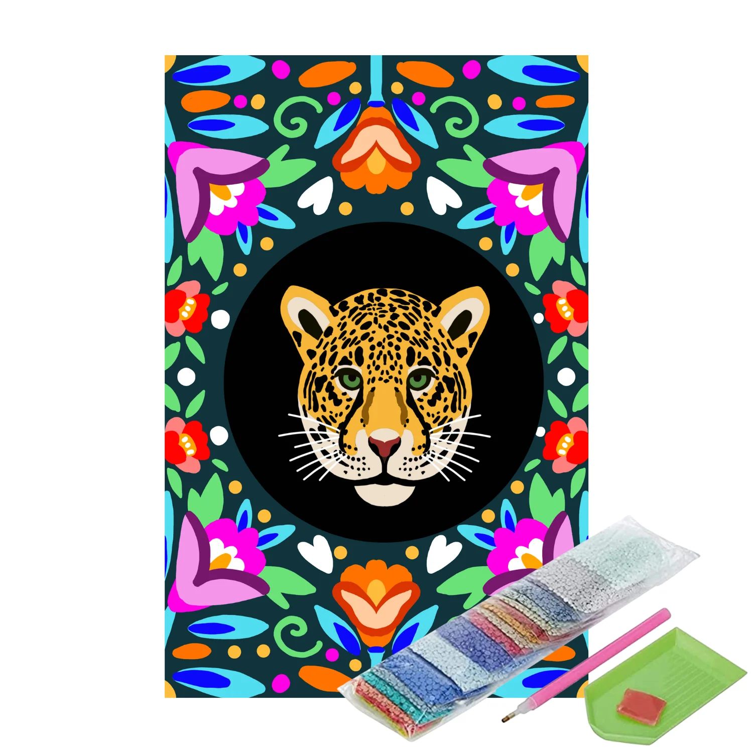 Pinta con diamantes Jaguar y flores 25x35cm - Image 2