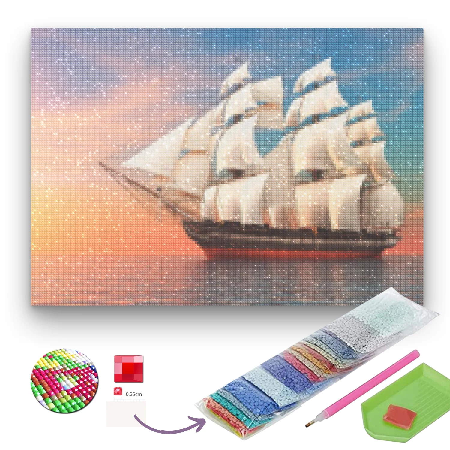 Pintura diamante en bastidor Atardecer navegando - 40x50 cm - Diamantes redondos - Image 2